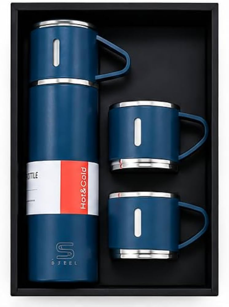 3 Cup Vacuum Flask Hot Cold Bottle Set Blue